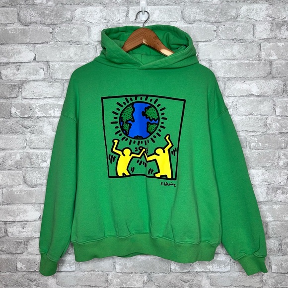 Keith Haring x Cotton On Sweatshirt Hoodie Size Medium Logo Dancing Earth Green - Picture 10 of 10